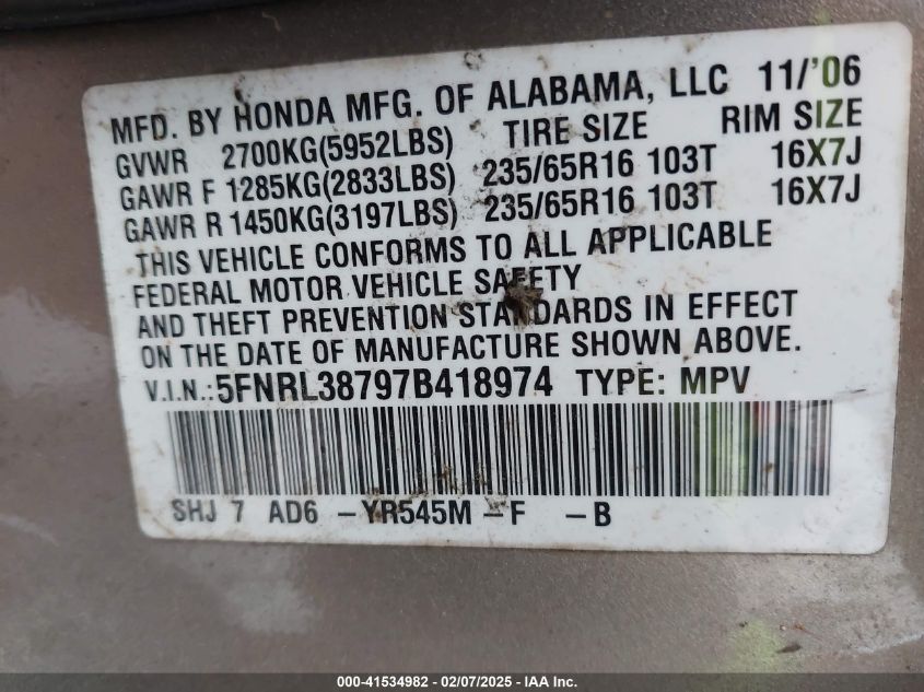 2007 Honda Odyssey Ex-L VIN: 5FNRL38797B418974 Lot: 41534982