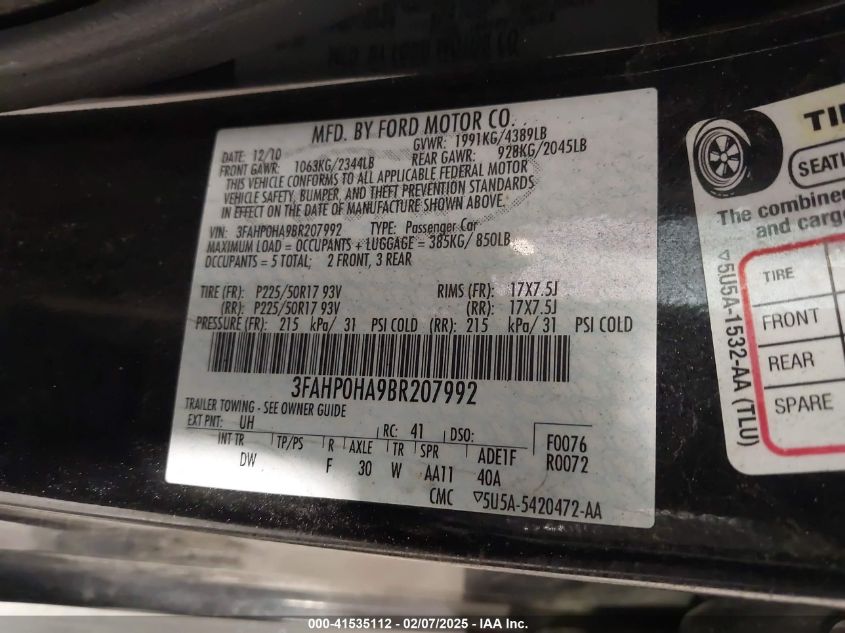 2011 Ford Fusion Se VIN: 3FAHP0HA9BR207992 Lot: 41535112