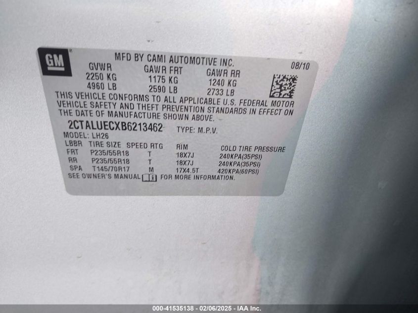 2011 GMC Terrain Slt-1 VIN: 2CTALUECXB6213462 Lot: 41535138