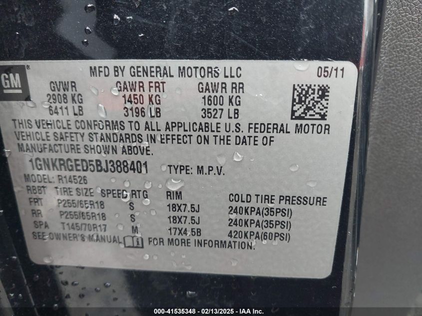 2011 Chevrolet Traverse 1Lt VIN: 1GNKRGED5BJ388401 Lot: 41535348