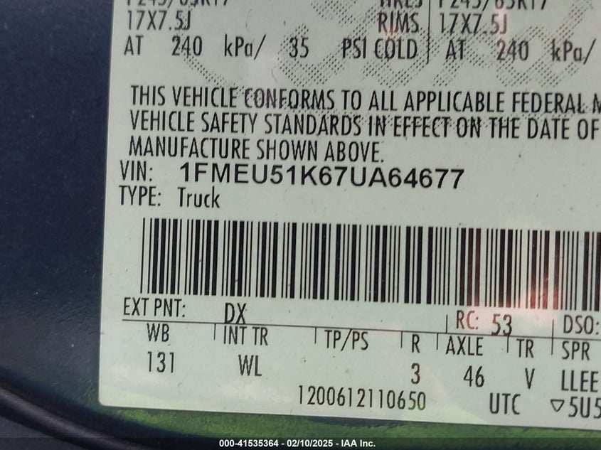 2007 FORD EXPLORER SPORT TRAC VIN: 1FMEU51K67UA64677