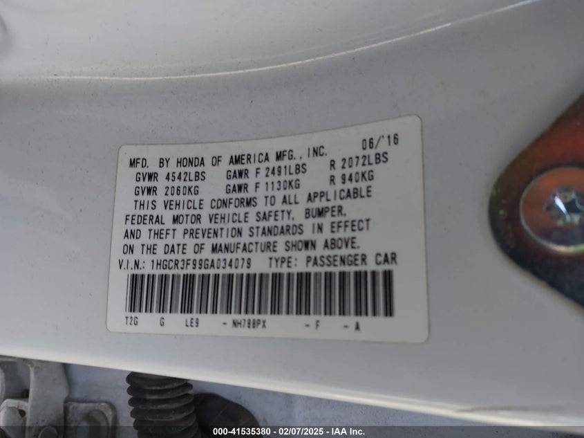 2016 HONDA ACCORD VIN: 1HGCR3F99GA034079
