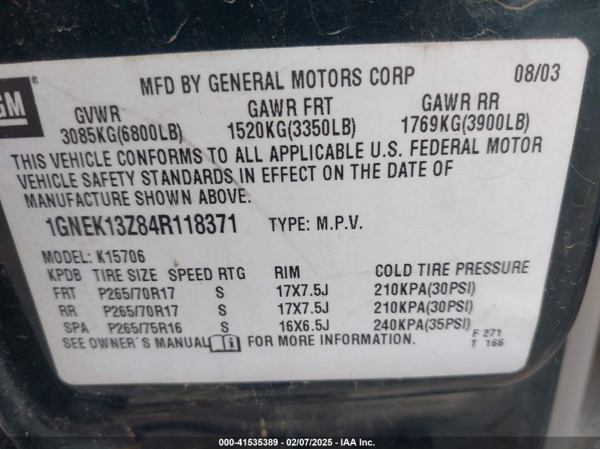 2004 Chevrolet Tahoe Z71 VIN: 1GNEK13Z84R118371 Lot: 41535389