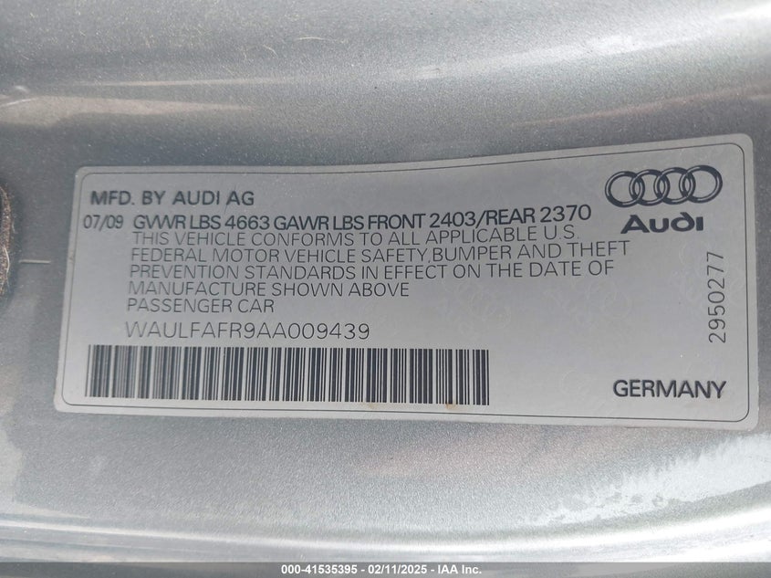 2010 AUDI A5 VIN: WAULFAFR9AA009439