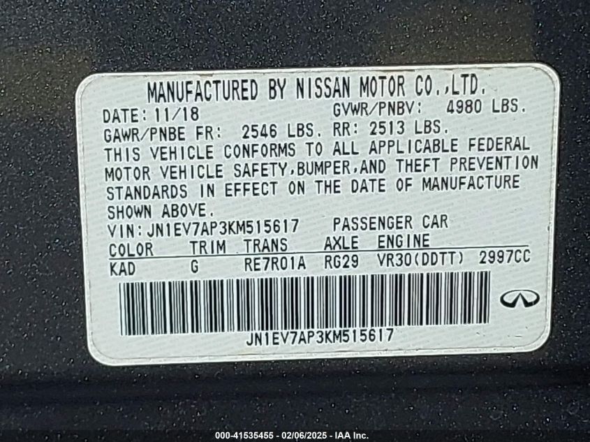 2019 Infiniti Q50 3.0T Luxe VIN: JN1EV7AP3KM515617 Lot: 41535455