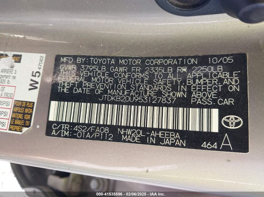 2005 Toyota Prius VIN: JTDKB20U953127837 Lot: 41535596