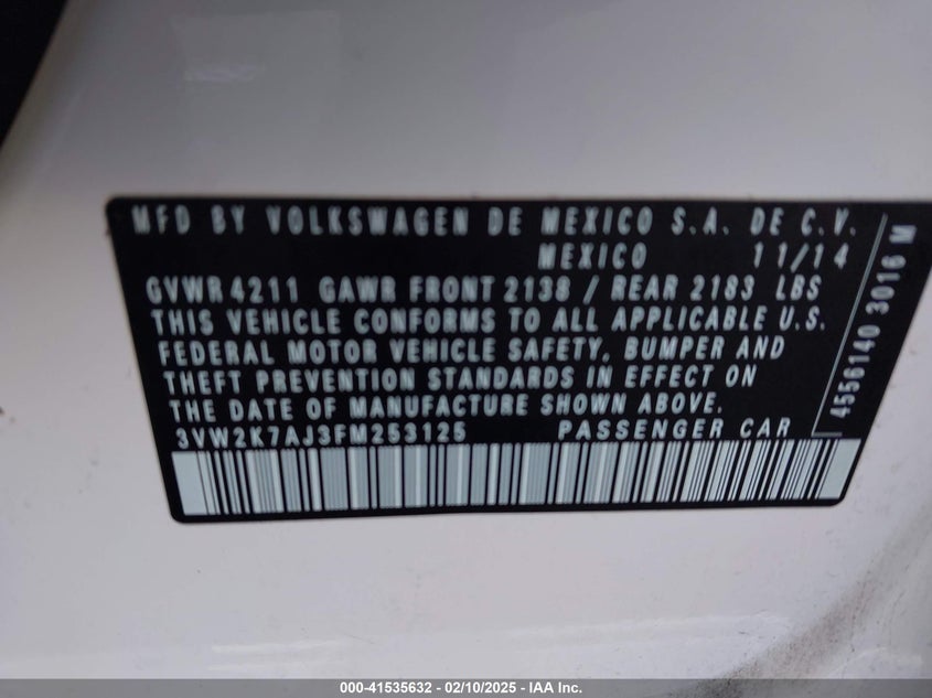 2015 VOLKSWAGEN JETTA VIN: 3VW2K7AJ3FM253125