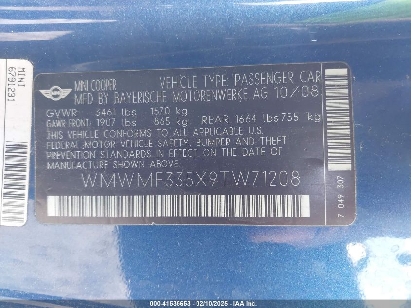 2009 Mini Cooper VIN: WMWMF335X9TW7120 Lot: 41535653