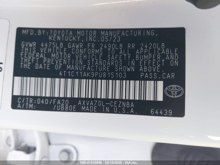 2023 TOYOTA CAMRY VIN: 4T1C11AK9PU815103