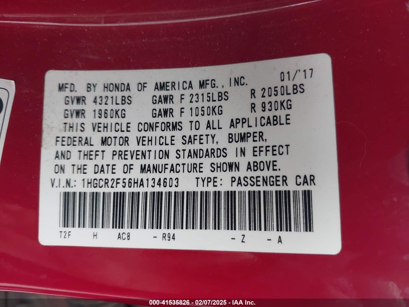 2017 HONDA ACCORD VIN: 1HGCR2F56HA134603