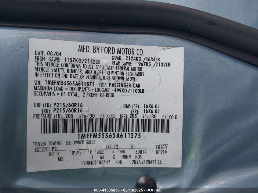 2005 Mercury Sable Ls VIN: 1MEFM55S65A611575 Lot: 41535836