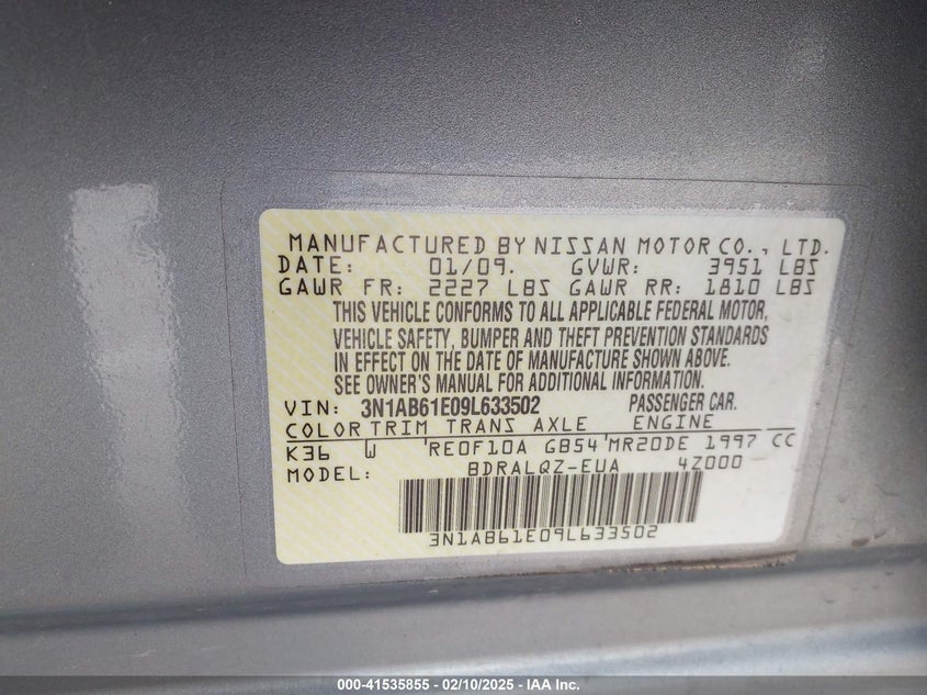 2009 NISSAN SENTRA VIN: 3N1AB61E09L633502