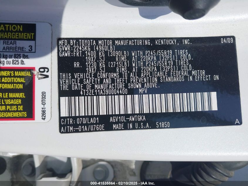 2009 Toyota Venza Base (A6) VIN: 4T3ZE11A39U004400 Lot: 41535864