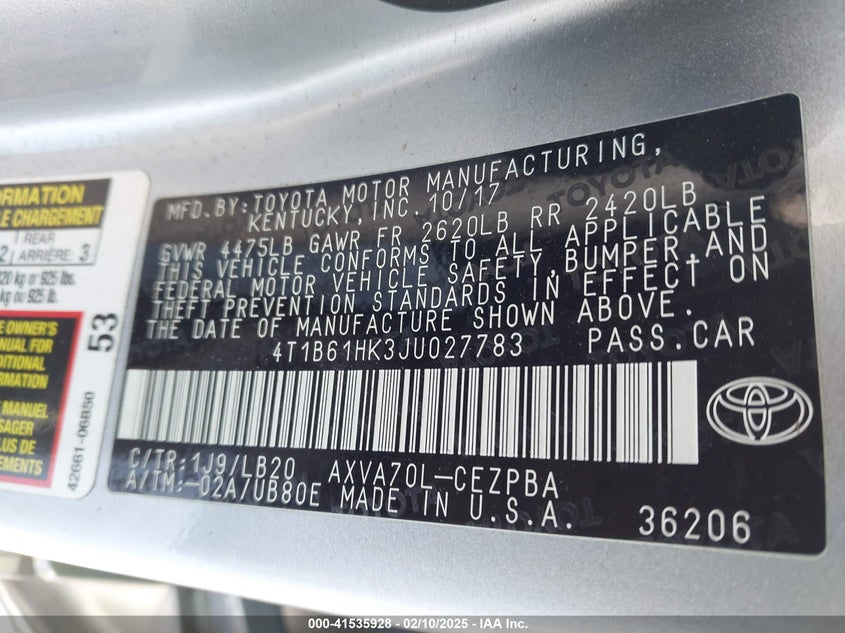 2018 TOYOTA CAMRY VIN: 4T1B61HK3JU027783
