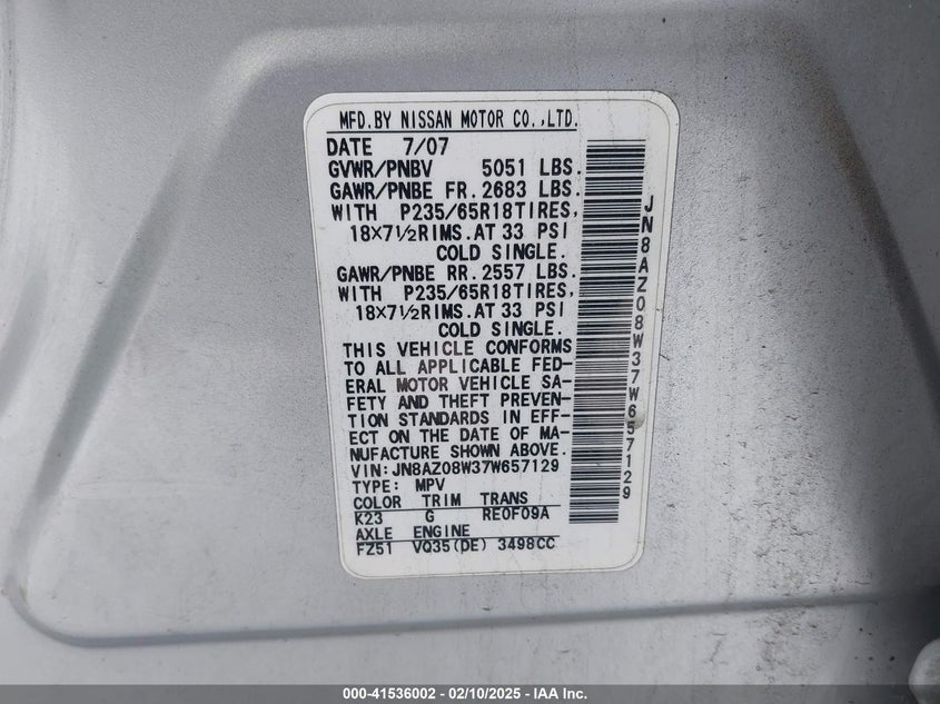 2007 Nissan Murano S VIN: JN8AZ08W37W657129 Lot: 41536002