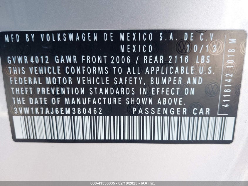 2014 VOLKSWAGEN JETTA VIN: 3VW1K7AJ6EM380462