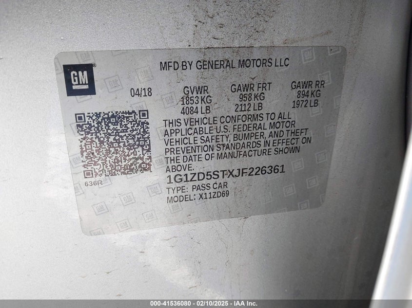 2018 CHEVROLET MALIBU VIN: 1G1ZD5STXJF226361