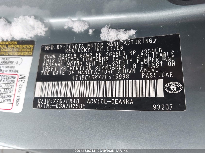 2007 TOYOTA CAMRY VIN: 4T1BE46KX7U515998