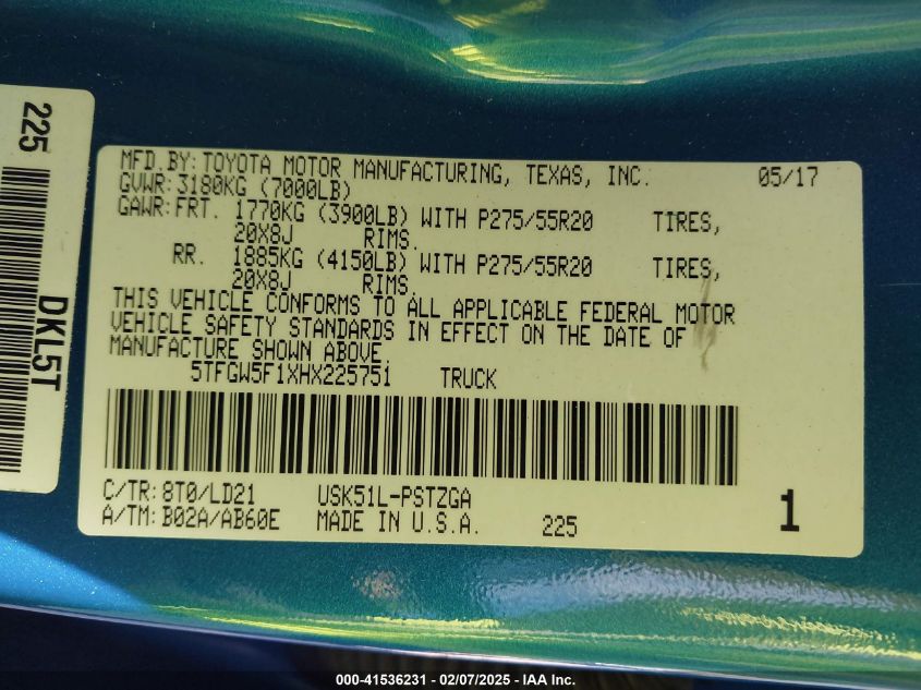 2017 Toyota Tundra 1794 5.7L V8 VIN: 5TFGW5F1XHX225751 Lot: 41536231
