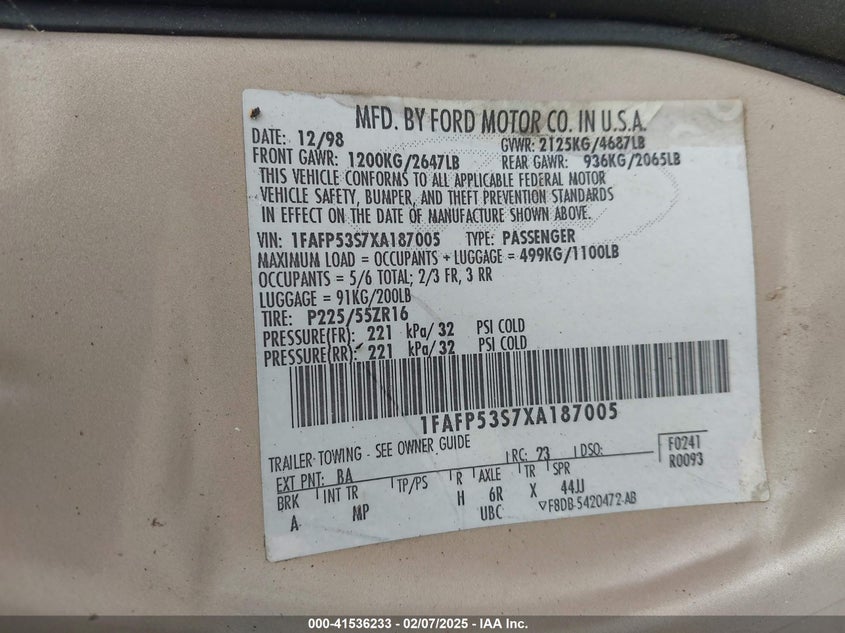 1999 Ford Taurus Se/Se-Ne VIN: 1FAFP53S7XA187005 Lot: 41536233