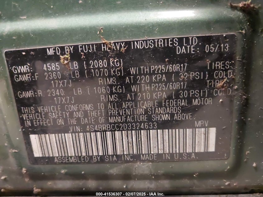 2013 SUBARU OUTBACK 2.5I PREMIUM - 4S4BRBCC2D3324633