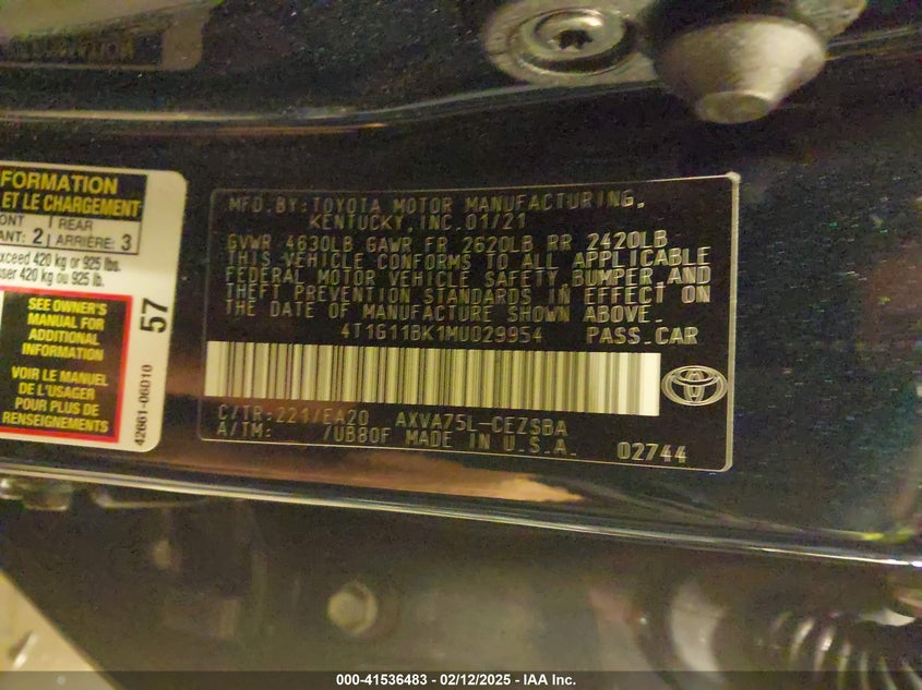 2021 TOYOTA CAMRY VIN: 4T1G11BK1MU029954