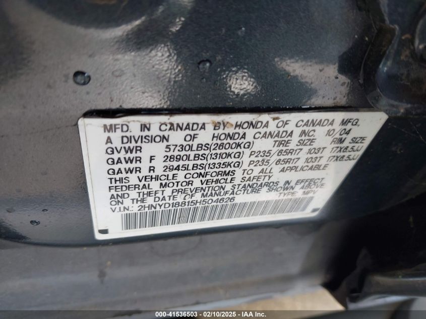 2005 Acura Mdx VIN: 2HNYD18815H504626 Lot: 41536503