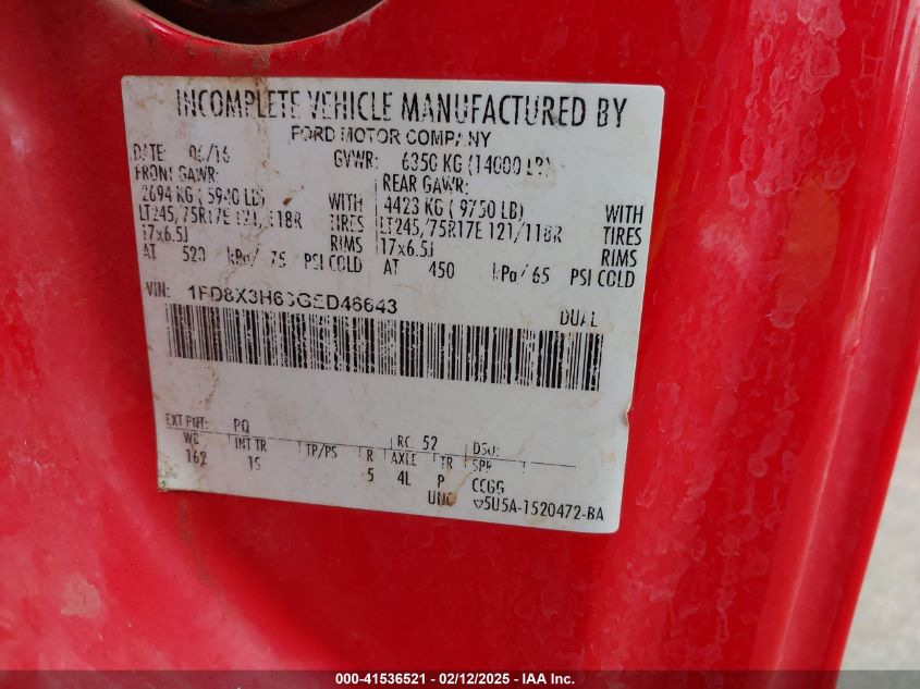 2016 Ford F-350 Chassis Xl VIN: 1FD8X3H63GED46643 Lot: 41536521