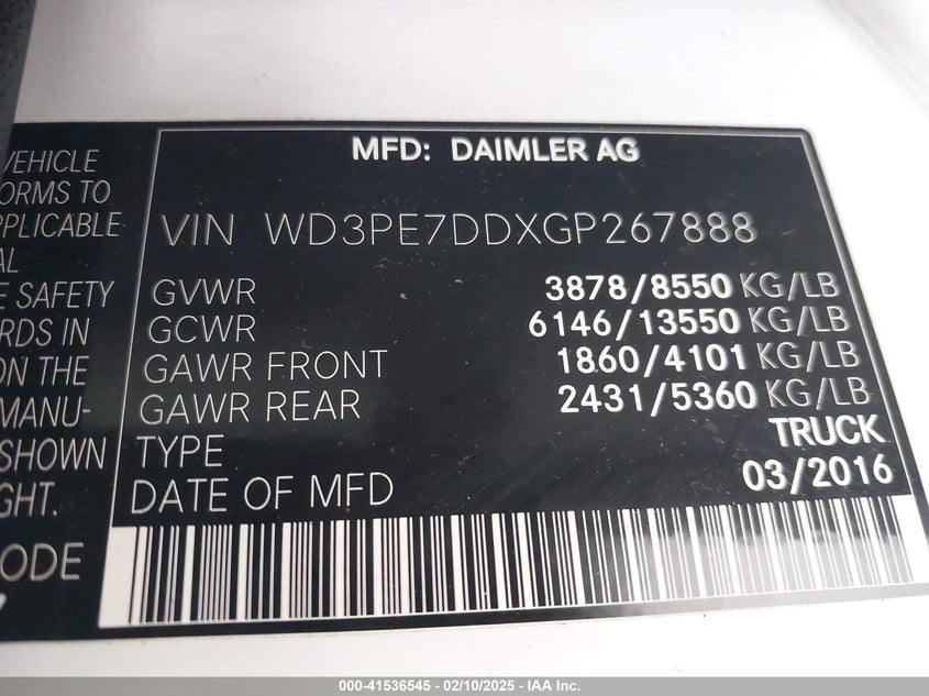 2016 Mercedes-Benz Sprinter 2500 Normal Roof VIN: WD3PE7DDXGP267888 Lot: 41536545