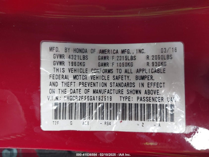2016 HONDA ACCORD VIN: 1HGCR2F56GA182519