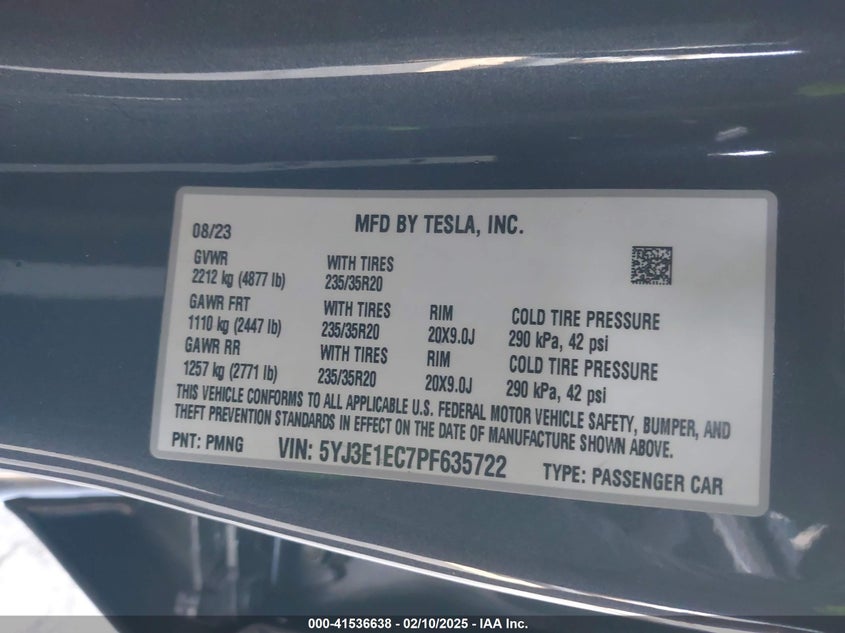 2023 TESLA MODEL 3 VIN: 5YJ3E1EC7PF635722