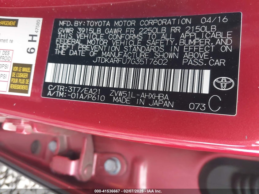 2016 TOYOTA PRIUS VIN: JTDKARFU7G3517602