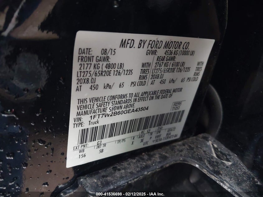 2016 FORD F250 VIN: 1FT7W2B60GEA43504