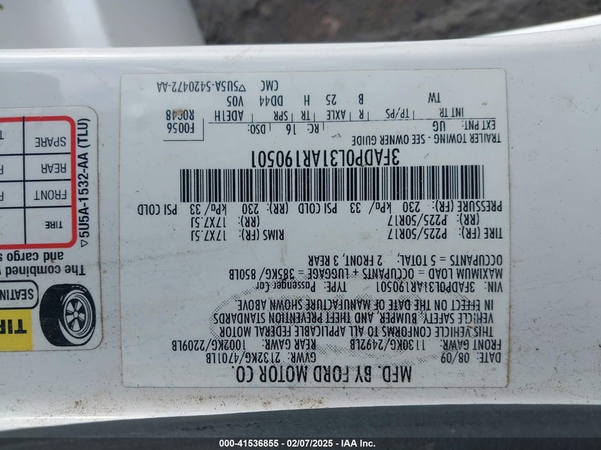 2010 FORD FUSION HYBRID VIN: 3FADP0L31AR190501