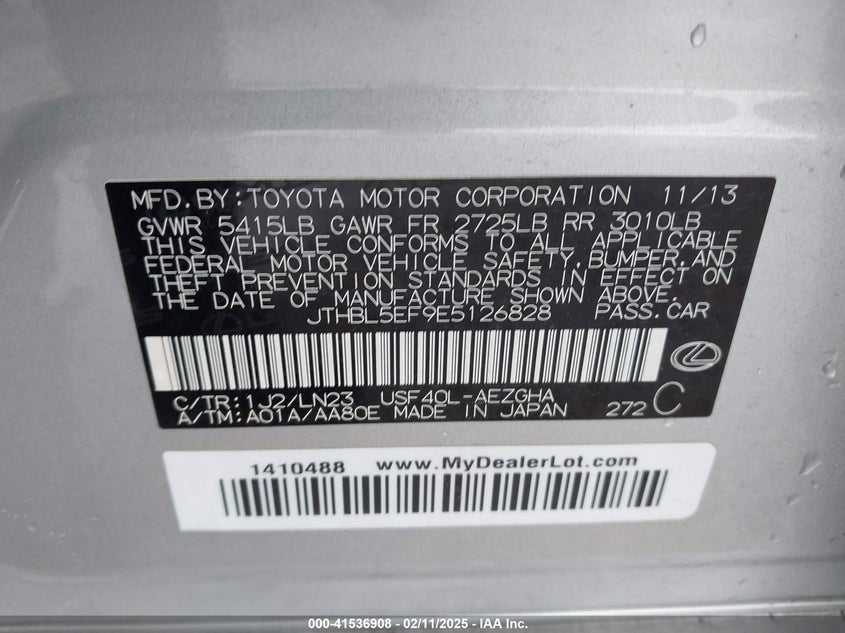 2014 LEXUS LS 460 VIN: JTHBL5EF9E5126828