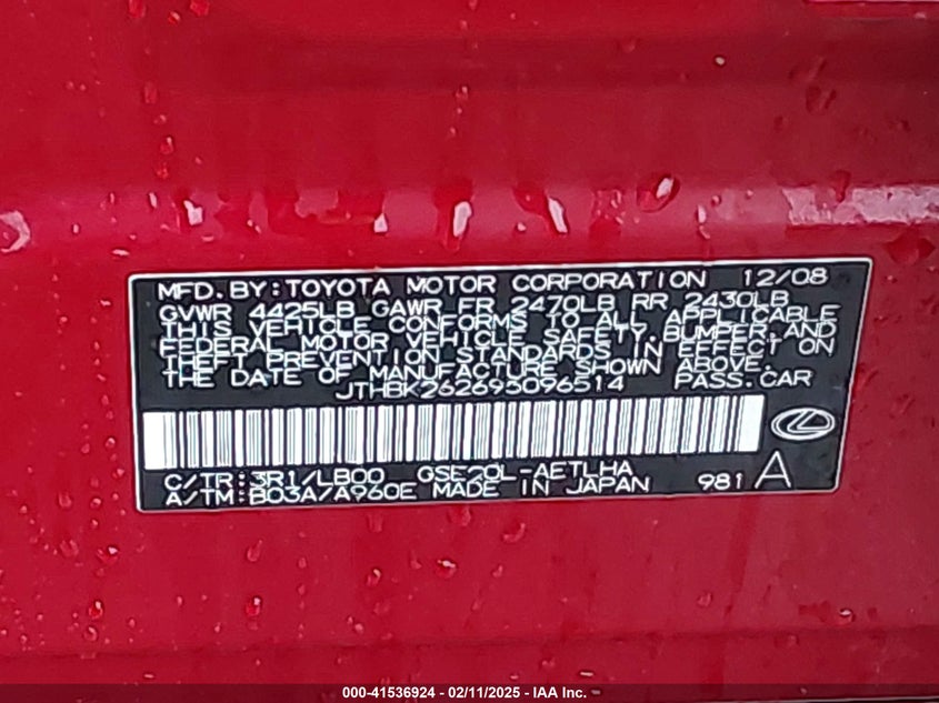 2009 Lexus Is 250 VIN: JTHBK262695096514 Lot: 41536924