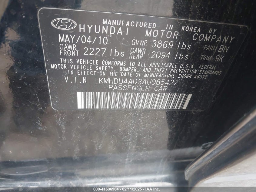 2010 HYUNDAI ELANTRA VIN: KMHDU4AD3AU085422