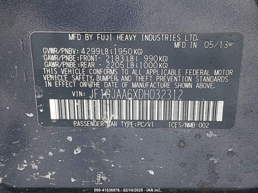 2013 Subaru Impreza VIN: JF1AJAA6XDH032312 Lot: 41536976