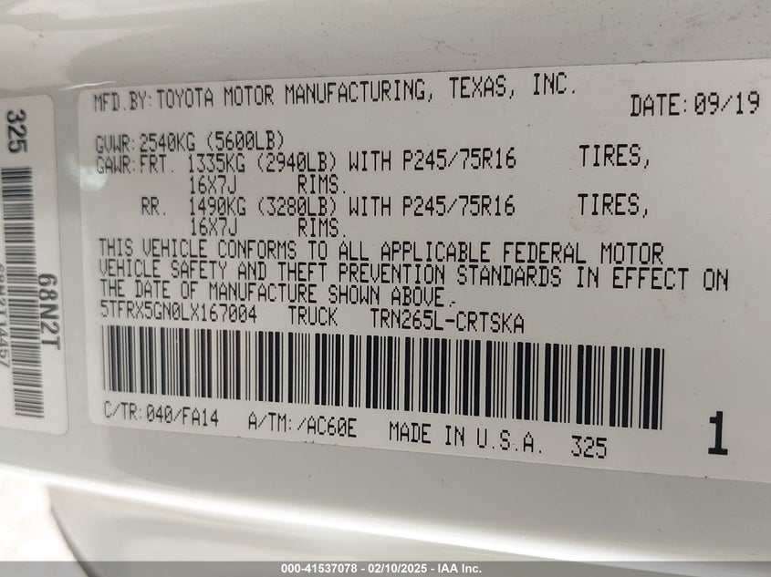 2020 TOYOTA TACOMA VIN: 5TFRX5GN0LX167004