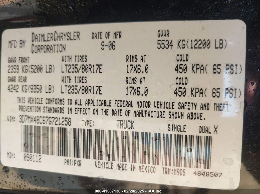 2007 Dodge Ram 3500 Slt/Sport VIN: 3D7MX48C67G721258 Lot: 41537130