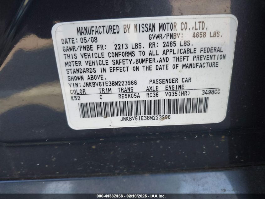 2008 Infiniti G35 Journey VIN: JNKBV61E38M223966 Lot: 41537158