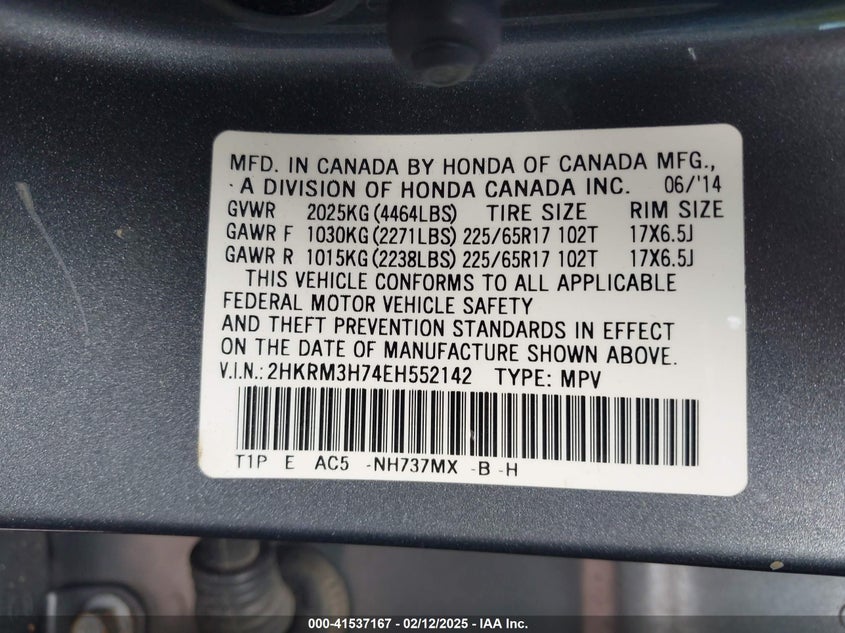 2014 HONDA CR-V VIN: 2HKRM3H74EH552142
