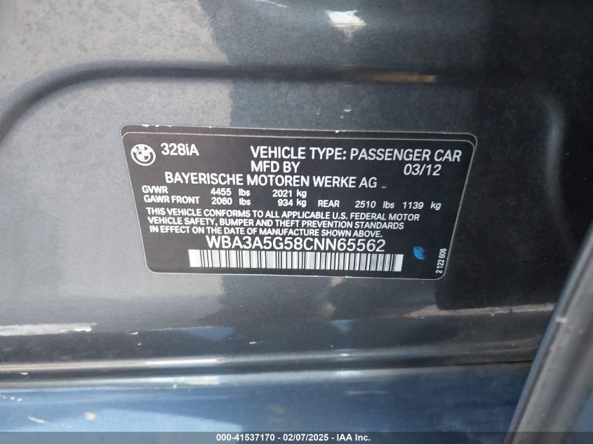 2012 BMW 328I VIN: WBA3A5G58CNN65562 Lot: 41537170