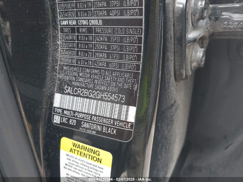 2016 Land Rover Discovery Sport Hse VIN: SALCR2BG2GH554573 Lot: 41537294