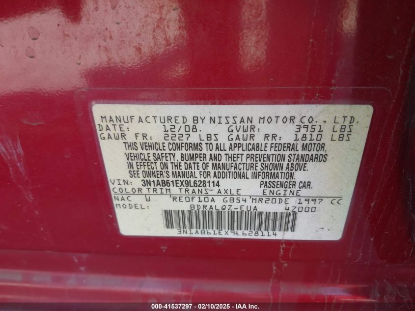 2009 Nissan Sentra 2.0 VIN: 3N1AB61EX9L628114 Lot: 41537297