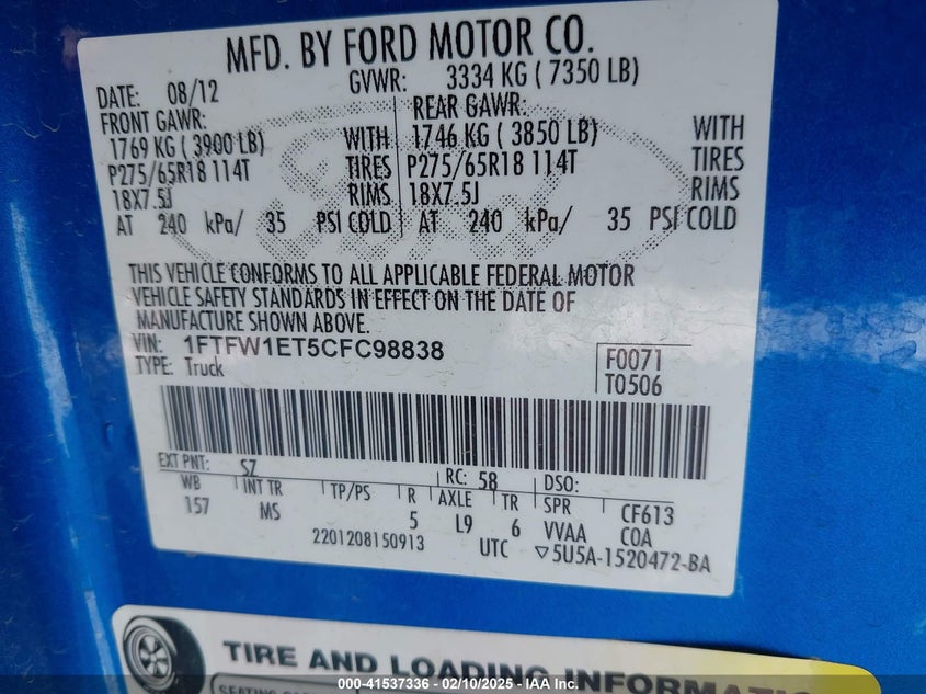 2012 FORD F-150 VIN: 1FTFW1ET5CFC98838