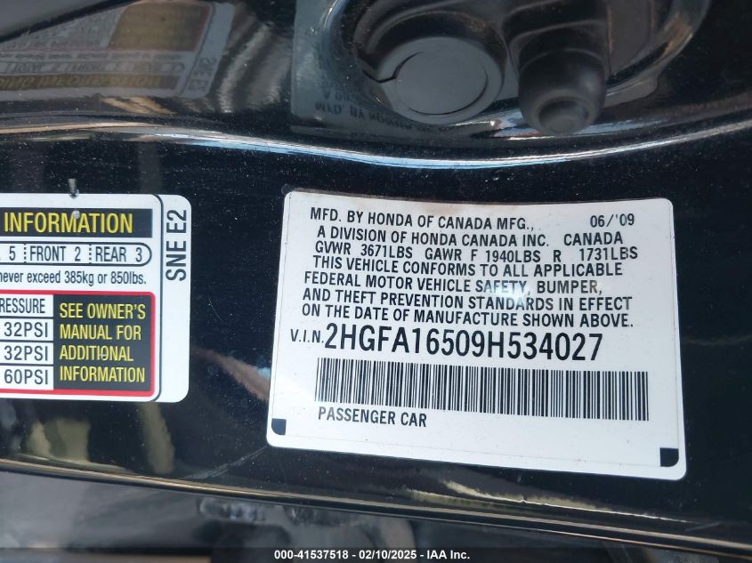 2009 Honda Civic Lx VIN: 2HGFA16509H53402 Lot: 41537518