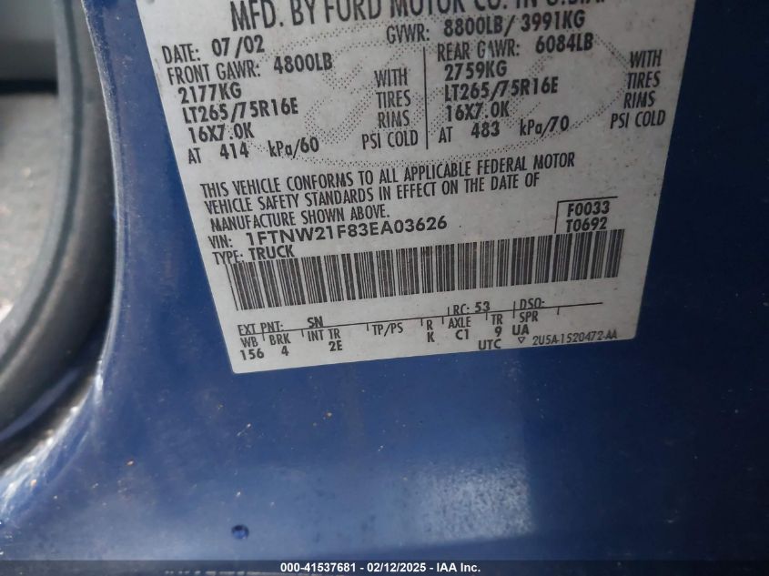 2003 Ford F-250 Lariat/Xl/Xlt VIN: 1FTNW21F83EA03626 Lot: 41537681