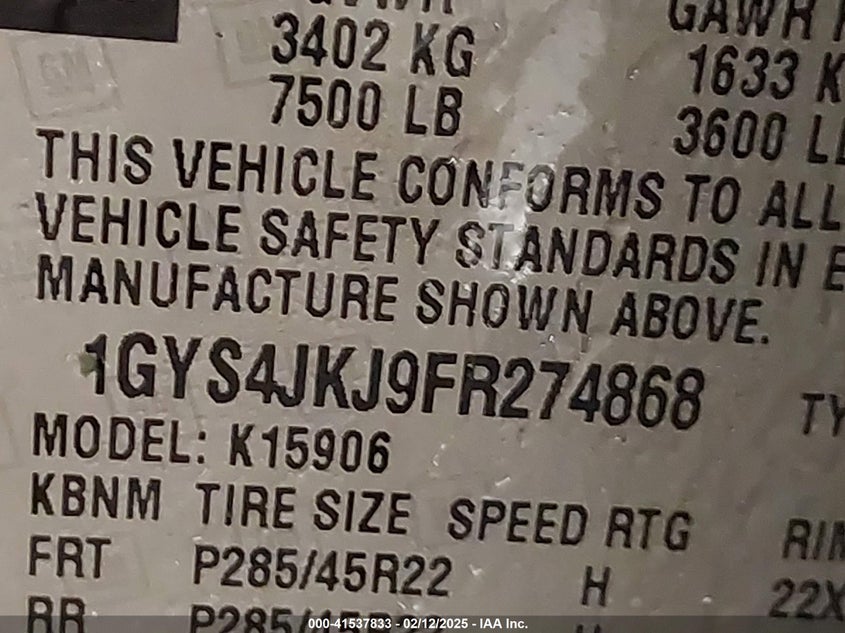 2015 CADILLAC ESCALADE ESV VIN: 1GYS4JKJ9FR274868