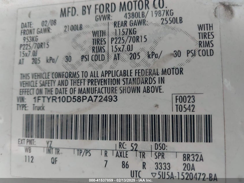 2008 FORD RANGER VIN: 1FTYR10D58PA72493
